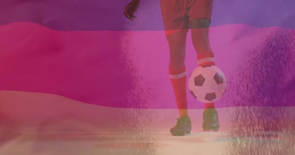 Animation Flagga Tyskland Över Afrikansk Amerikansk Manlig Fotbollsspelare Med Boll — Stockvideo