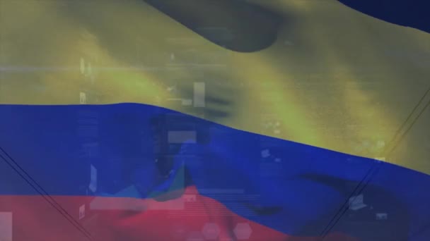 チャート上のコロンビアの旗のアニメーションとグラフ処理データ コロンビア ネットワーク データ デジタルインターフェース ビジネス コミュニケーション デジタル生成されたビデオ — ストック動画