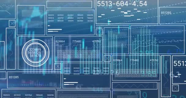 Animación Pantallas Interfaz Gráficos Procesamiento Datos Sobre Fondo Azul Datos — Vídeos de Stock