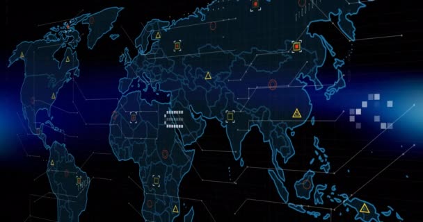 Animatie Van Digitale Gegevensverwerking Wereldkaart Zwarte Achtergrond Mondiale Verbindingen Computer — Stockvideo