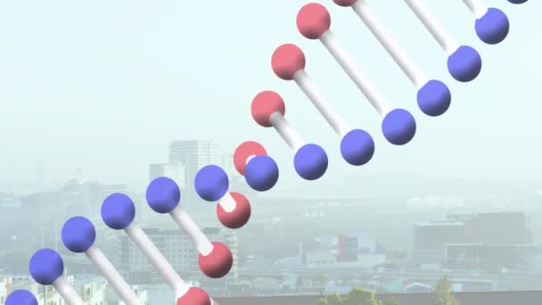 Animazione Del Filamento Del Dna Che Gira Sul Paesaggio Urbano — Video Stock