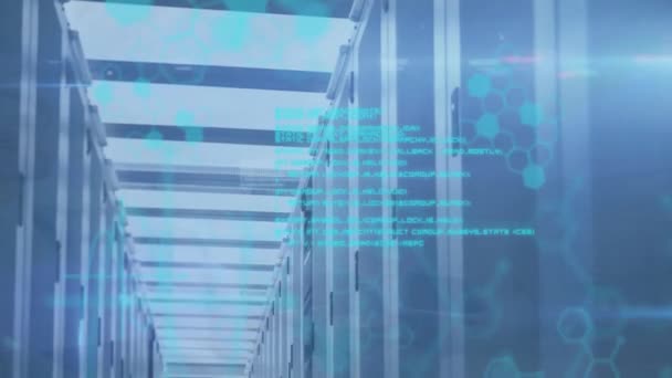 Animation of shapes and data processing over server room. Global technology and digital interface concept digitally generated video.