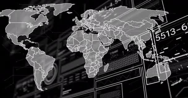Animação Processamento Dados Mapa Mundo Sobre Fundo Preto Conceito Finanças — Vídeo de Stock