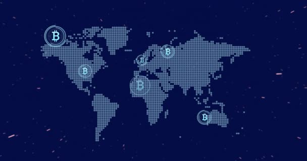 Animation Bitcoin Icons Digital Data Processing World Map Global Connections — Stock Video