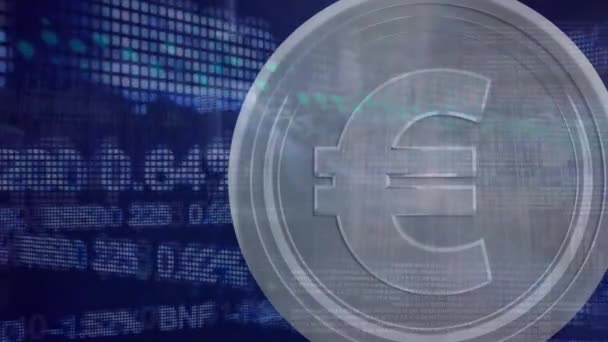 Animación Bolsa Moneda Euros Sobre Codificación Binaria Tecnología Global Interfaz — Vídeo de stock