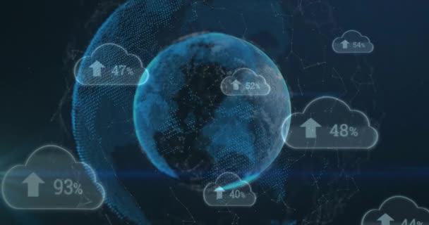 Animatie Van Wolken Met Percentage Pijl Globes Zwarte Achtergrond Sociaal — Stockvideo