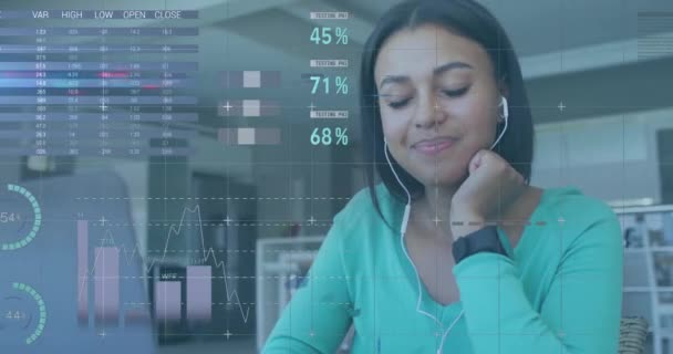 Animación Procesamiento Datos Financieros Través Mujer Biracial Utilizando Ordenador Portátil — Vídeos de Stock