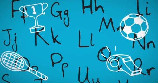 Animation Von Buchstaben Über Schulsymbolen Globales Bildungs Wissenschafts Verbindungs Computer — Stockvideo