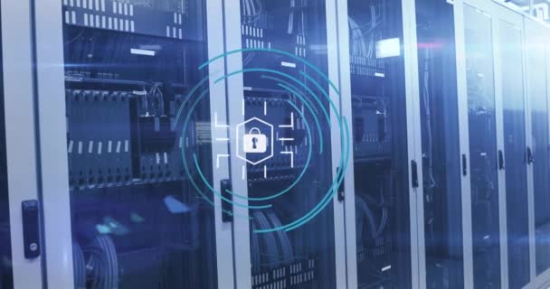 Animation Padlock Icon Digital Data Processing Computer Servers Global Cyber — Stock Video