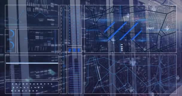 Анімація Обробки Даних Стрілок Над Серверною Кімнатою Глобальна Технологія Концепція — стокове відео
