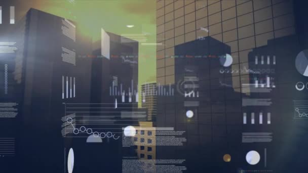 Animação Processamento Dados Financeiros Longo Paisagem Urbana Conceito Finanças Globais — Vídeo de Stock