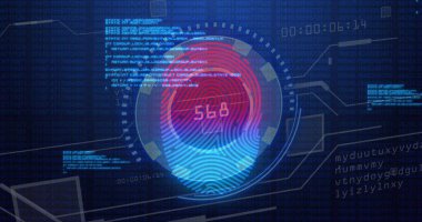 Veri işleme üzerinde parmak izi olan bir tarama resmi. Küresel teknoloji, çevrimiçi güvenlik ve dijital arayüz kavramı dijital olarak oluşturulmuş görüntü.