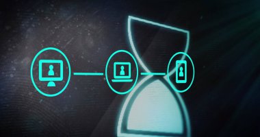 Medya simgelerinin üzerinde yumurta zamanlayıcısı simgesi. iletişim teknolojisi, veri paylaşımı ve dijital arayüz konsepti dijital olarak oluşturulmuş görüntü.