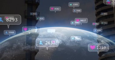 Dünyanın dört bir yanındaki sosyal medya simgelerinin resmi. küresel sosyal medya, iletişim, dijital arayüz, teknoloji ve ağ konsepti dijital olarak oluşturuldu.