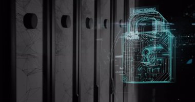 Sunucuların üzerindeki veri işleme ve dijital asma kilit görüntüsü. Küresel ağ, veri işleme, dijital iletişim ve teknoloji konsepti dijital olarak oluşturulmuş görüntü.