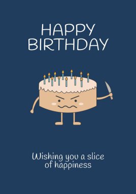 Doğum günü pastası üzerine Mutlu Yıllar mesajının birleşimi. Üzerinde mumlar ve mavi arka planda bıçak var. Doğum günü, doğum günü partisi ve dijital olarak üretilen görüntü konsepti.