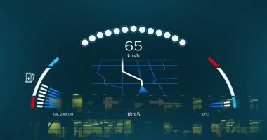 Şehrin üzerinde çalışan elektrikli araba hız göstergesi görüntüsü. Küresel elektrikli araba seyahati, iş dünyası, finans, bilgisayar ve veri işleme kavramı dijital olarak oluşturulmuş görüntü.