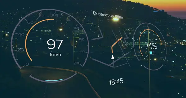 Bild Elbilens Hastighetsmätare Databehandling Över Staden Globalt Koncept För Elbilsresor — Stockfoto