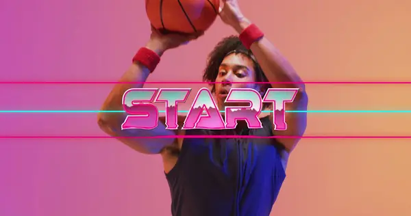 篮球员背景上的起始文字和霓虹灯线条图像 竞争和通信概念数字生成的图像 — 图库照片