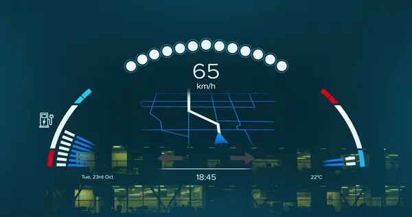 Imagem Carro Elétrico Velocímetro Processamento Dados Sobre Cidade Conceito Global — Fotografia de Stock