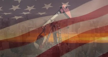 Petrol kuyusu ve şehir manzarası üzerinde Amerikan bayrağının canlandırılması. Amerikan, petrol, akaryakıt, ekonomi, iş ve kaynaklar, dijital olarak üretilen video.