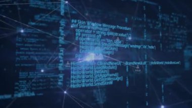 Simgeler ve verilerle olan bağlantıların karanlık sırtüstü uzanan animasyonu. Küresel finans, iş, bağlantılar, hesaplama ve veri işleme kavramı dijital olarak oluşturulmuş video.