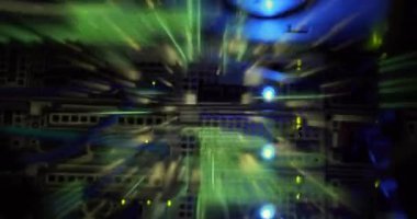 Bilgisayar sunucuları üzerinde dijital veri işleme animasyonu. Dijital olarak oluşturulmuş küresel bağlantılar, hesaplama ve veri işleme kavramı.