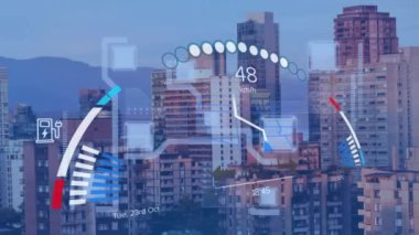 Animation of financial data processing over cityscape. Global business, finances, computing and data processing concept digitally generated video.