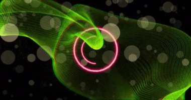 Yeşil neon halkaların animasyonu ve siyah arkaplanda ışık lekeleri. Bağlantılar, hesaplama ve veri işleme kavramı dijital olarak oluşturulmuş video.