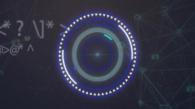 Karanlık arka planda tarama ve veri işleme animasyonları. Küresel finans, iş, bağlantılar, hesaplama ve veri işleme kavramı dijital olarak oluşturulmuş video.