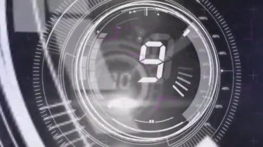 Siyah üzerinde sayısal geri sayım olan dairesel tarayıcıların animasyonu. Bağlantı, işleme, yükleme, dijital arayüz ve iletişim, dijital olarak oluşturulmuş video.