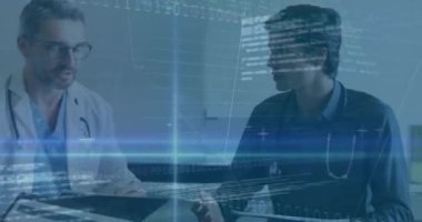 Hastanedeki çeşitli doktorlarda finansal veri işleme animasyonu. Küresel tıp, sağlık, bağlantılar, hesaplama ve veri işleme kavramı dijital olarak oluşturulmuş video.