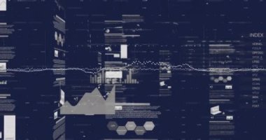 Siyah arkaplandaki grafiklerin, grafiklerin ve işlem verilerinin animasyonu. Veri, dijital arayüz, bağlantı, işlem ve iletişim, dijital olarak oluşturulmuş video.