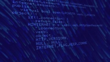 Mavi arkaplandaki ışık yollarının üzerinde veri işleme animasyonu. Küresel teknoloji, bilgisayar ve dijital arayüz kavramı dijital olarak oluşturulmuş video.