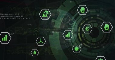 Ekolojik simgelerin animasyonu, tarama alanı üzerinden veri işleme. Dijital olarak oluşturulmuş küresel bağlantılar, hesaplama ve veri işleme kavramı.