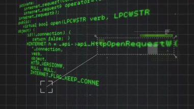 Tarayıcı imleci ve ızgaranın siyah arkaplandaki yeşil veri işleme üzerindeki animasyonu. Ağ, veri, bağlantı, işlem, dijital arayüz ve iletişim, dijital olarak oluşturulmuş video.