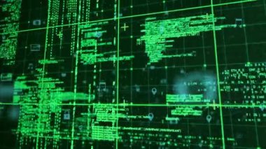 Ortam simgeleri üzerinde şekil ve veri işleme animasyonları. Küresel iş ve dijital arayüz kavramı dijital olarak oluşturulmuş video.