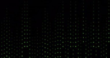 Siyah arkaplan üzerinde ikili kodlama dijital veri işleme animasyonu. Dijital olarak oluşturulmuş küresel bağlantılar, hesaplama ve veri işleme kavramı.