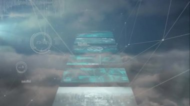 Bulutlarla gökyüzünde işlenen bağlantı ve veri ağının animasyonu. Teknoloji, bilgisayar, bağlantılar ve dijital arayüz konsepti dijital olarak oluşturulmuş video.