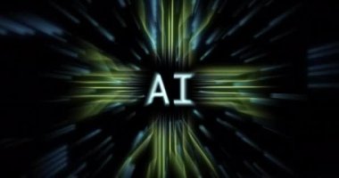 Ai metninin animasyonu, siyah arkaplan üzerinde veri işleme olan devre kartı. Dijital olarak oluşturulmuş küresel bağlantılar, hesaplama, dijital arayüz ve veri işleme kavramı.