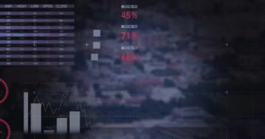 Şehir manzarası ve dünya haritası üzerindeki veri işleme ve diyagramlarının animasyonu. Küresel iş ve dijital arayüz kavramı dijital olarak oluşturulmuş video.