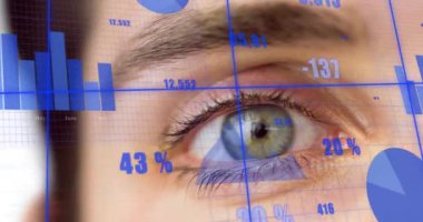 Veri işleme animasyonunun kadın gözüne yakın çekim hali. Dijital olarak oluşturulmuş küresel çevrimiçi kimlik, iş, bağlantılar, hesaplama ve veri işleme kavramı.