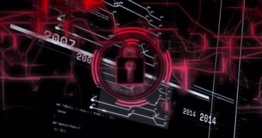 Karanlık arkaplan üzerinde veri işleme ve asma kilit simgesi animasyonu. Küresel siber güvenlik, bağlantılar, hesaplama ve veri işleme kavramı dijital olarak oluşturuldu.