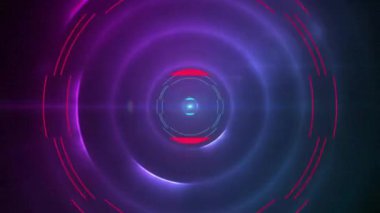 Işık çemberleri üzerinde hareket eden kırmızı şekillerin animasyonu. Küresel teknoloji ve dijital arayüz konsepti dijital olarak oluşturulmuş video.