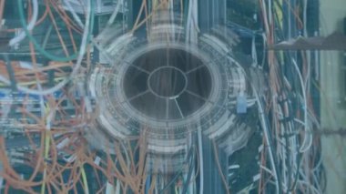 Animation of scope scanning and data processing over server room. Global technology and digital interface concept digitally generated video.