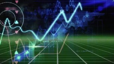 Neon şekiller üzerinde veri işleme ve dünya haritasının animasyonu. Küresel iş ve dijital arayüz kavramı dijital olarak oluşturulmuş video.