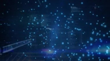 Veri işleme animasyonu ve siyah arkaplanda ışık noktaları. Küresel teknoloji, bilgisayar ve dijital arayüz kavramı dijital olarak oluşturulmuş video.