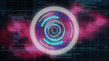 Dairesel tarayıcının animasyonu ve koyu arkaplandaki pembe ışıkların üzerindeki veri işlemesi. Veri, dijital arayüz, bağlantı, işlem ve iletişim, dijital olarak oluşturulmuş video.