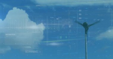 Rüzgar türbini üzerinde veri işleme ve diyagram animasyonu. İş, ekoloji ve dijital arayüz, dijital olarak oluşturulmuş video.