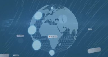 Sosyal medya simgelerinin dünya çapında numaraları ve mavi arkaplanda çizgileri olan animasyonları. Dijital olarak oluşturulmuş küresel sosyal medya, iletişim ve dijital arayüz kavramı.